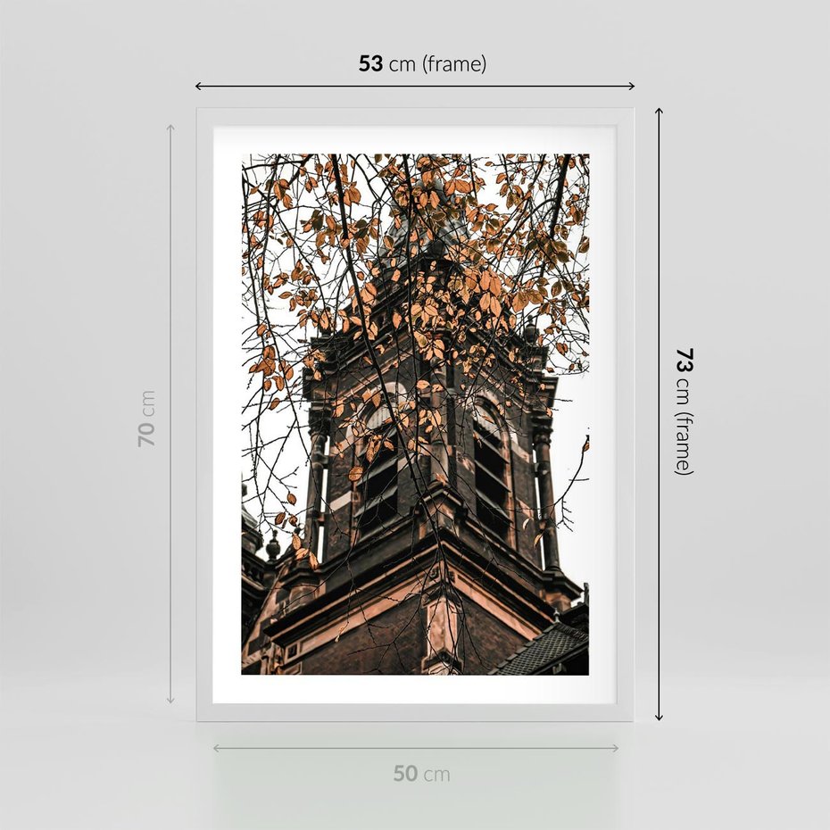 Plakat w ramie 50x70 - Jesienna Wieża w Liściach - architektura, wieża - rama biała