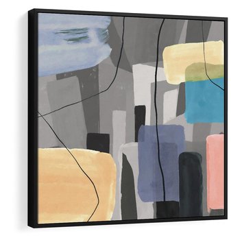 Obraz w ramie 50x50 - Harmonia w chaosie serca - abstrakcja na szarym tle, kolorowe plamy koloru - rama czarna