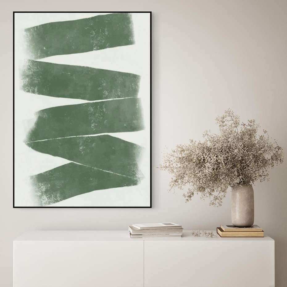 Obraz w ramie 70x100 - Zielone Refleksje - abstrakcja, zgaszony zielony kolor - rama czarna