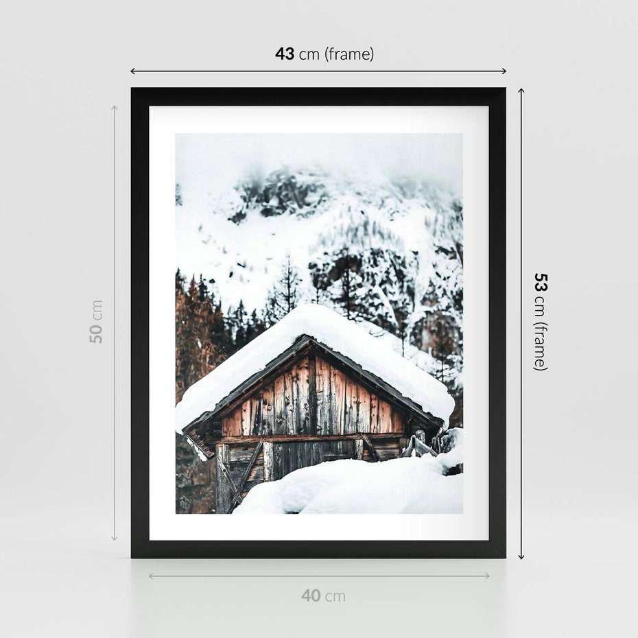 Plakat w ramie 40x50 - Domek w Górach w Białym Odcieniu - zima, domek w górach - rama czarna