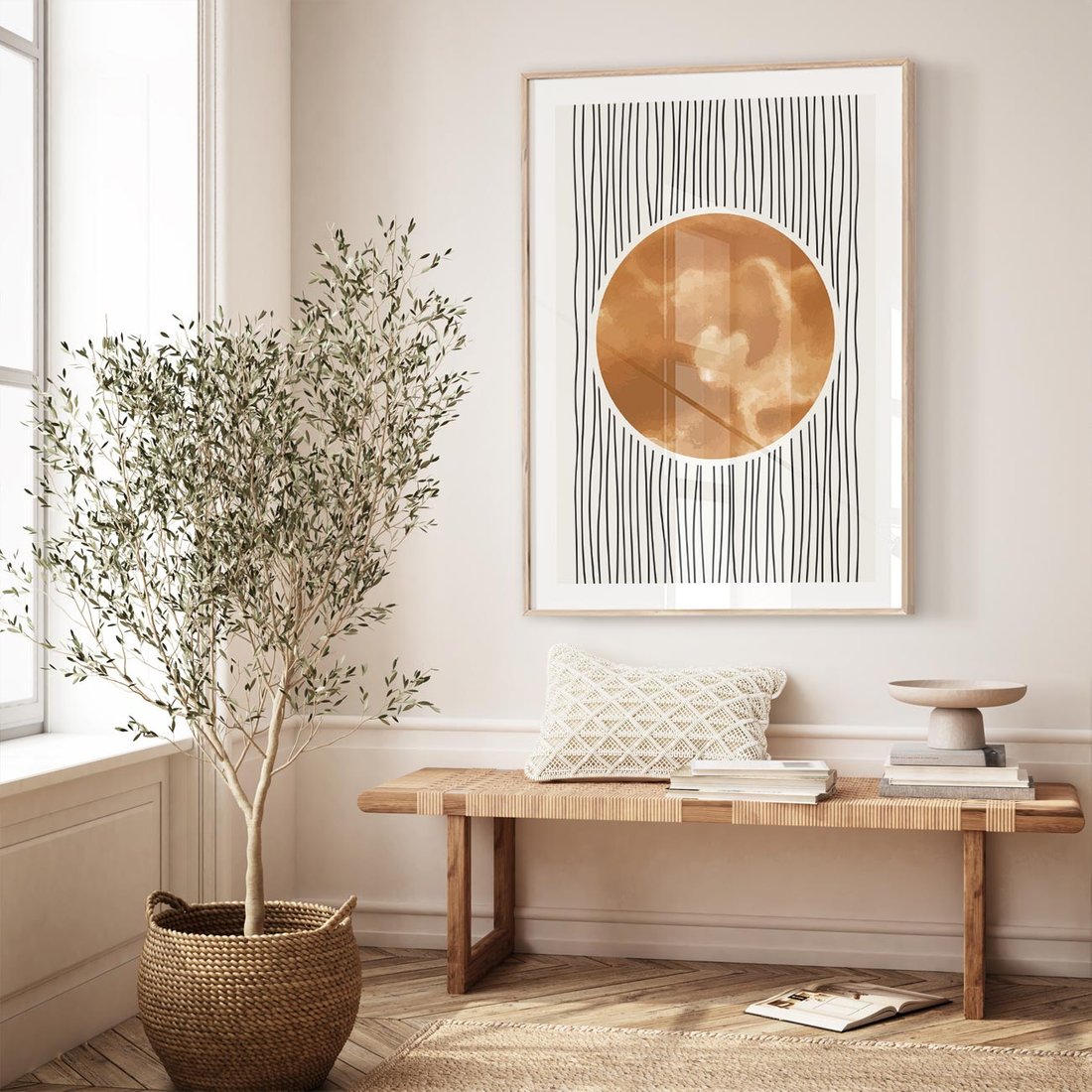 Plakat w ramie 40x50 - Eteryczne Krągłe Echa - boho obraz, geometria - rama drewno