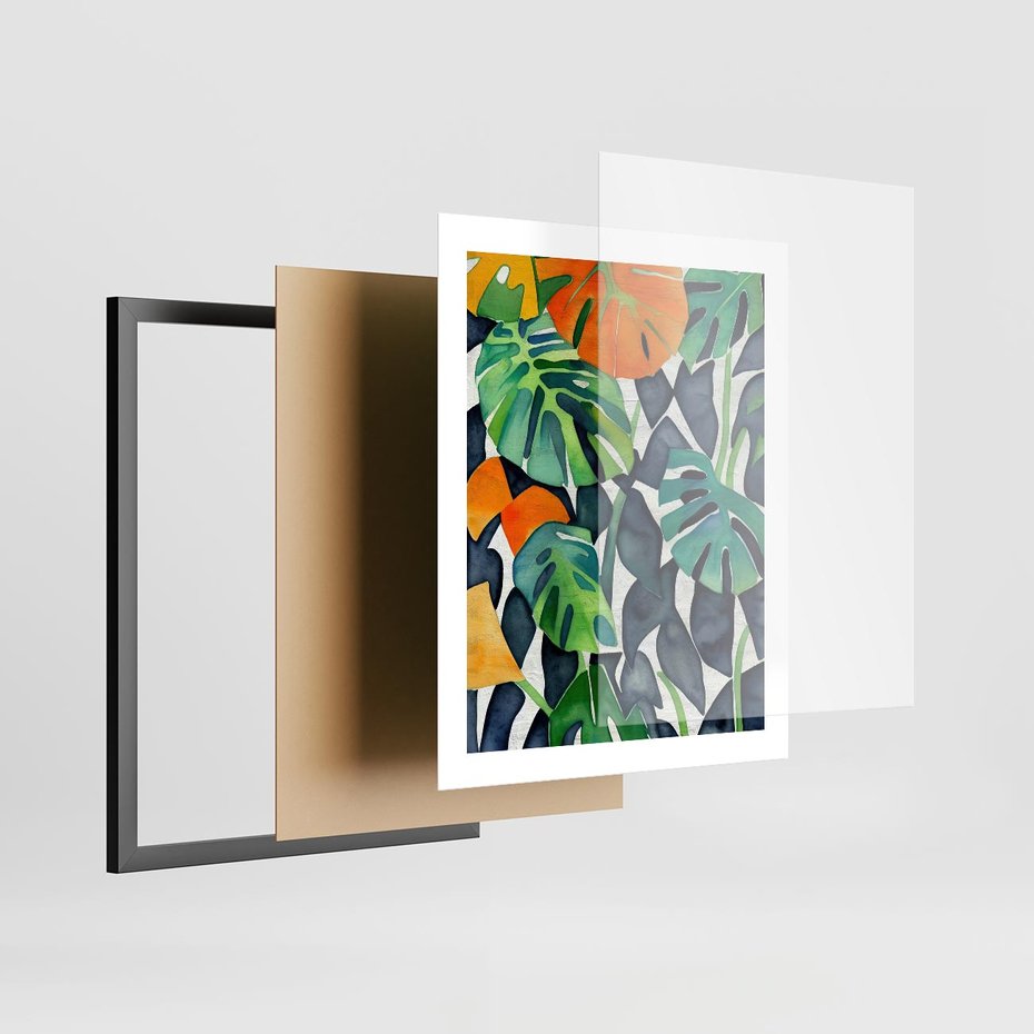 Plakat w ramie 40x50 - Tropikalne Pragnienia - akwarela, liście tropikalne - rama czarna