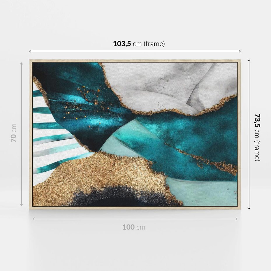 Obraz w ramie 100x70 - Rozlane Turkusy - Turkusowe plamy, złote elementy - rama drewno