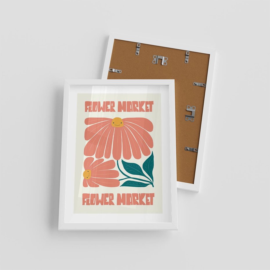 Plakat w ramie 30x40 - Retro Radość - typografia, wesołe kwiaty - rama biała