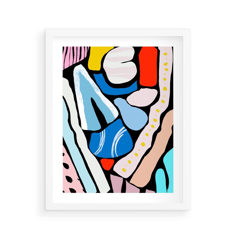 Plakat w ramie 40x50 - Kolory Na Czerni - abstrakcyjne formy, komiksowy styl - rama biała