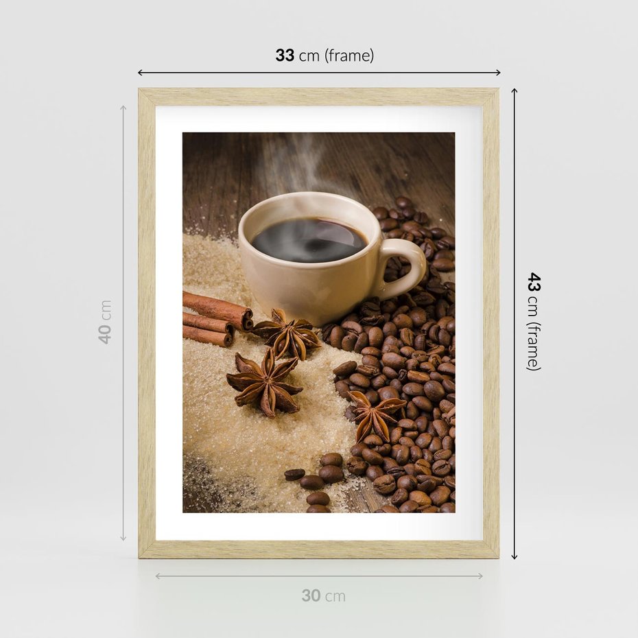 Plakat w ramie 30x40 - Kawowa filiżanka pełna aromatu - kawa, filiżanka - rama drewno