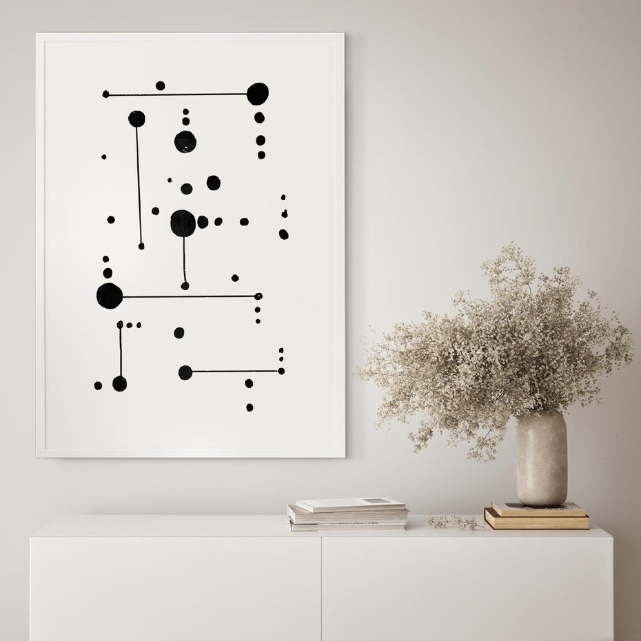 Plakat bez ramy 30x40 - Nocne Zawirowania - abstrakcyjny plakat, czarne kropki i kreski