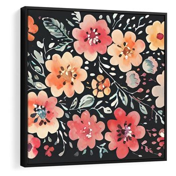 Obraz w ramie 50x50 - Labirynty melancholii - akwarelowe, pastelowe kwiaty na czarnym tle - rama czarna