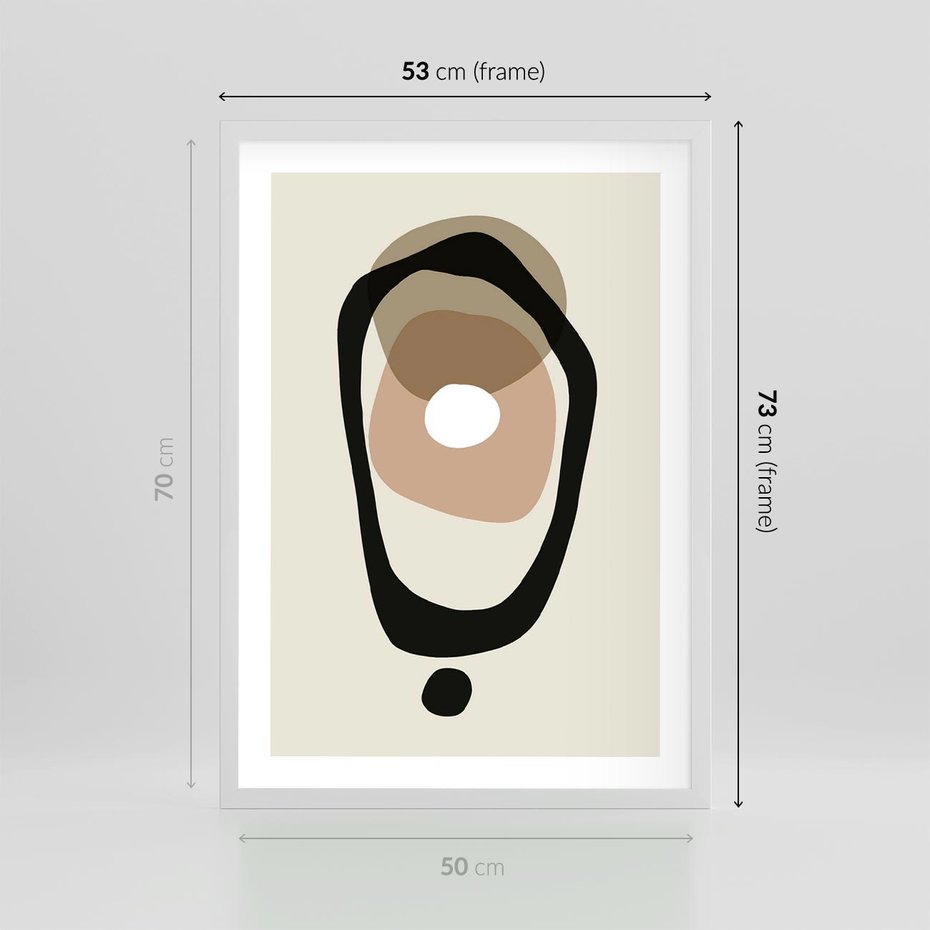 Plakat w ramie 50x70 - Intrygujące Zaskoczenia - beżowa abstrakcyjna kompozycja, czarny akcent - rama biała