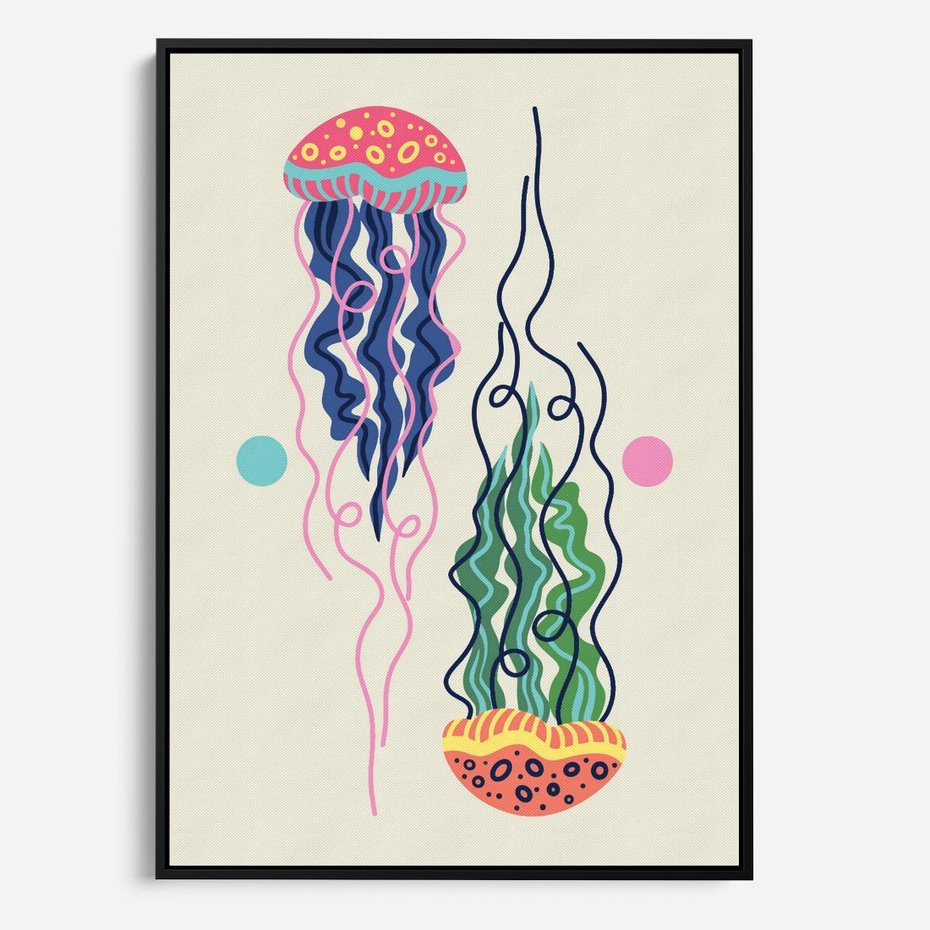 Obraz w ramie 70x100 - Morskie Pulsacje - nowoczesny optymistyczny plakat, kolorowe meduzy - rama czarna