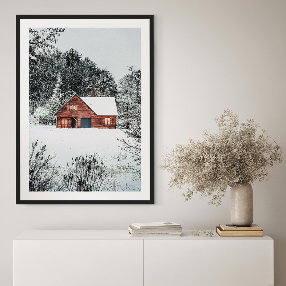 Plakat bez ramy 21x30 - Domek w Górach Pokryty Śniegiem - domek w górach, śnieg