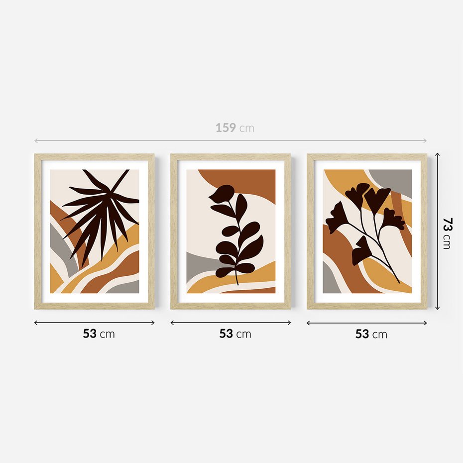 Zestaw obrazy w ramie 50x70 galeria - Liście, kwiaty, boho - rama drewno