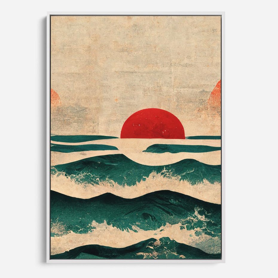 Obraz w ramie 80x120 - Czerwone Melodie - japońska sztuka, zachód słońca nad oceanem - rama biała