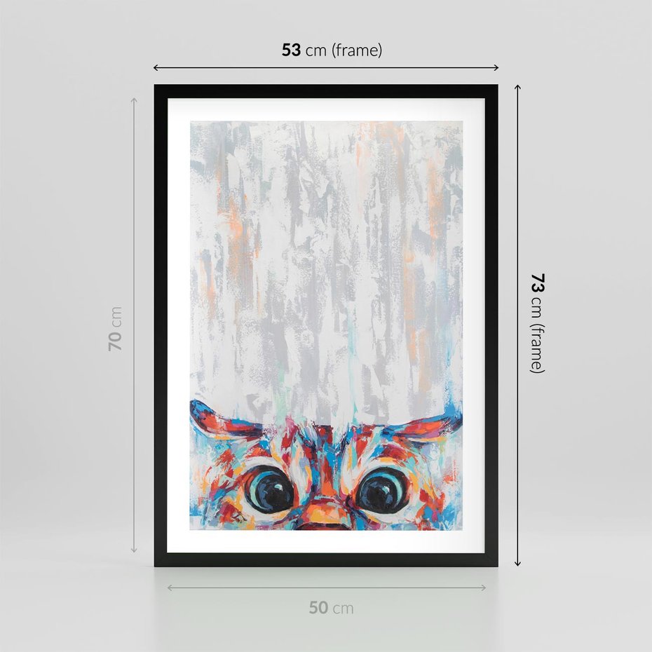 Plakat w ramie 50x70 - Co ja Widzę - obraz olejny, śmieszny obraz kota - rama czarna