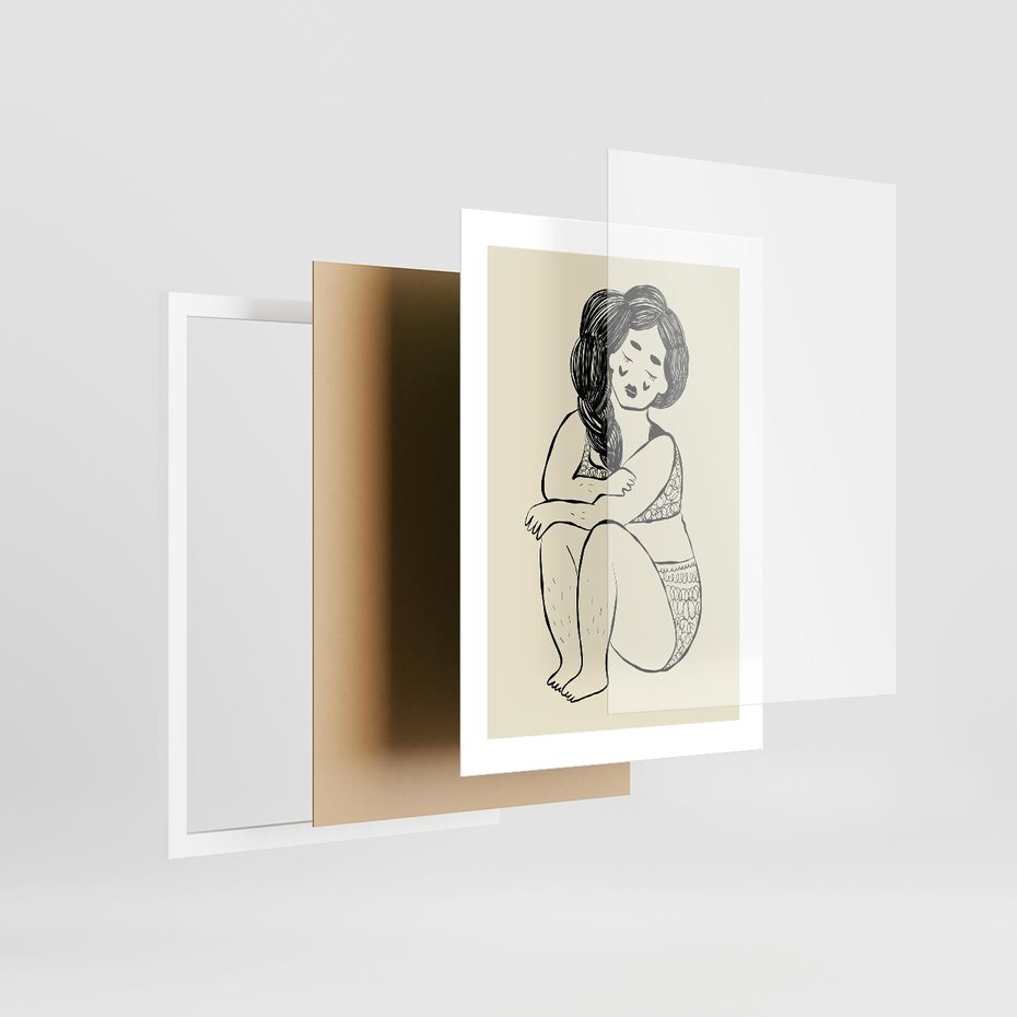 Plakat w ramie 30x40 - Migotliwe Refleksje - nowoczesny minimalistyczny rysunek, dziewczyna w bieliźnie - rama biała