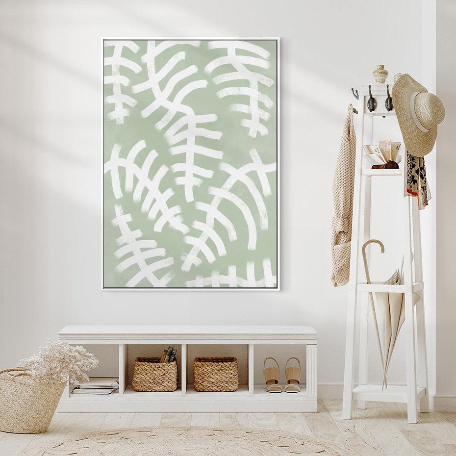 Obraz w ramie 70x100 - Oaza Zieleni - zielona abstrakcja, zgaszona zieleń - rama biała