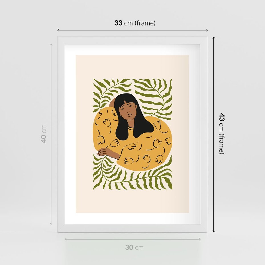 Plakat w ramie 30x40 - Malowane Odbicia Wyobraźni - nowoczesny plakat, kobieta otoczona liśćmi - rama biała