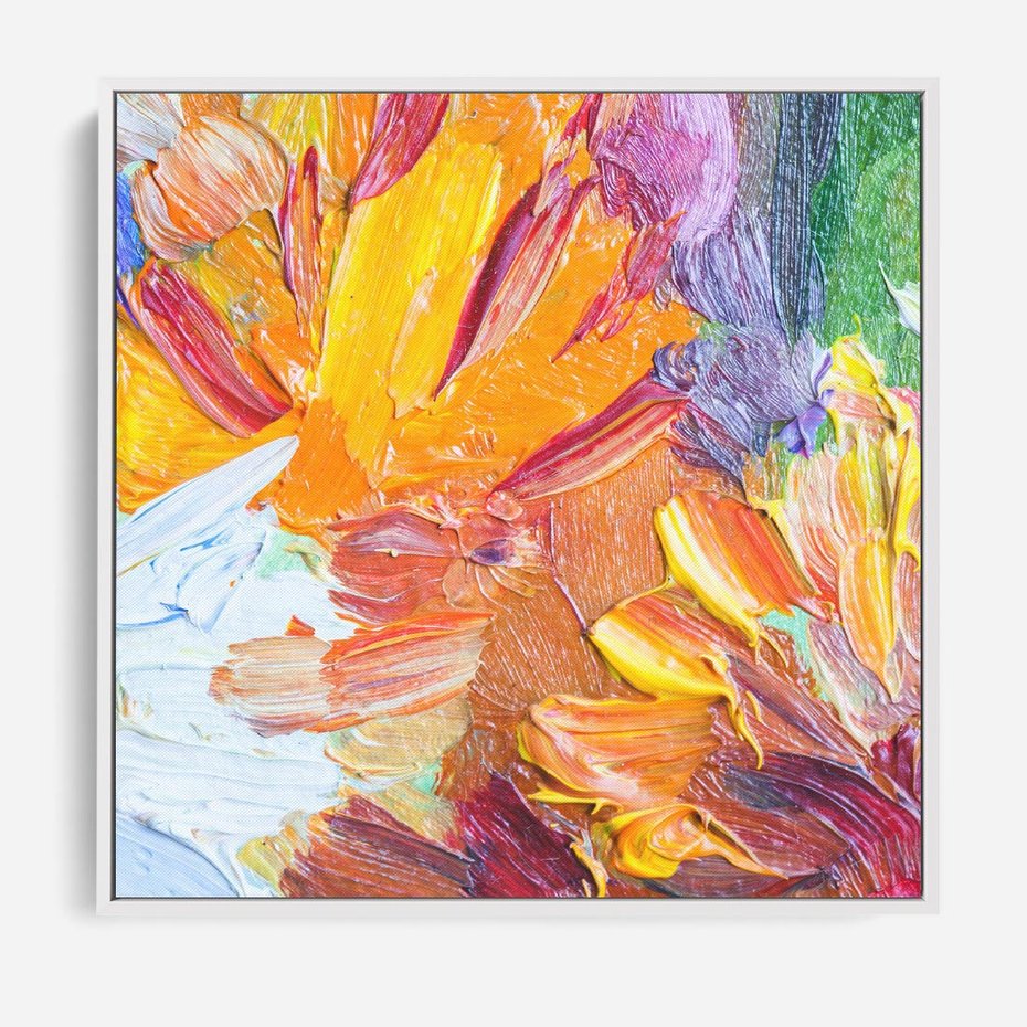 Obraz w ramie 80x80 - Kwiatowe Harmonie - zbliżenie na obraz olejny, gruba warstwa farby - rama biała