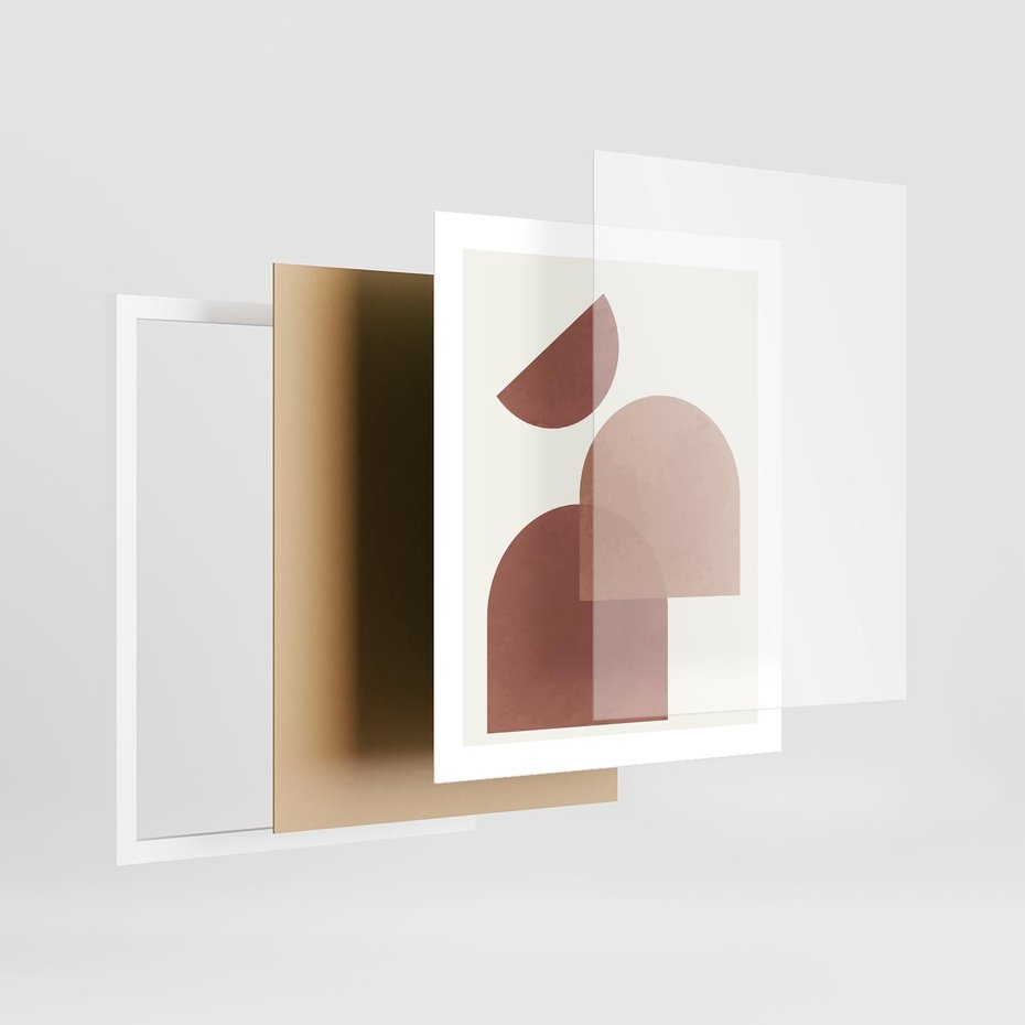 Plakat w ramie 40x50 - Harmonijne Widoki - abstrakcyjne geometryczne kształty, odcienie brązu i beżu - rama biała