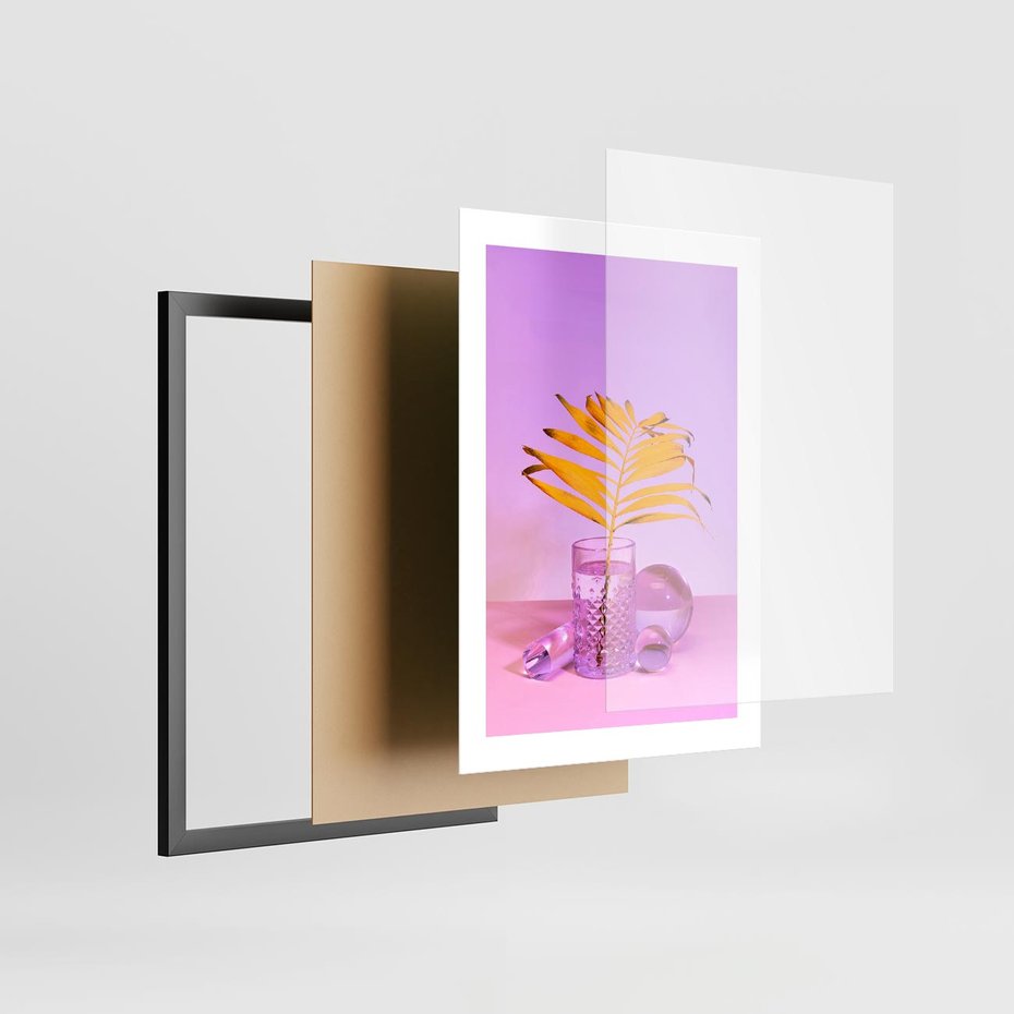 Plakat w ramie 30x40 - Neonowy Liść Palmy na Fotografii - neonowa fotografia, liść palmy w szklance - rama czarna