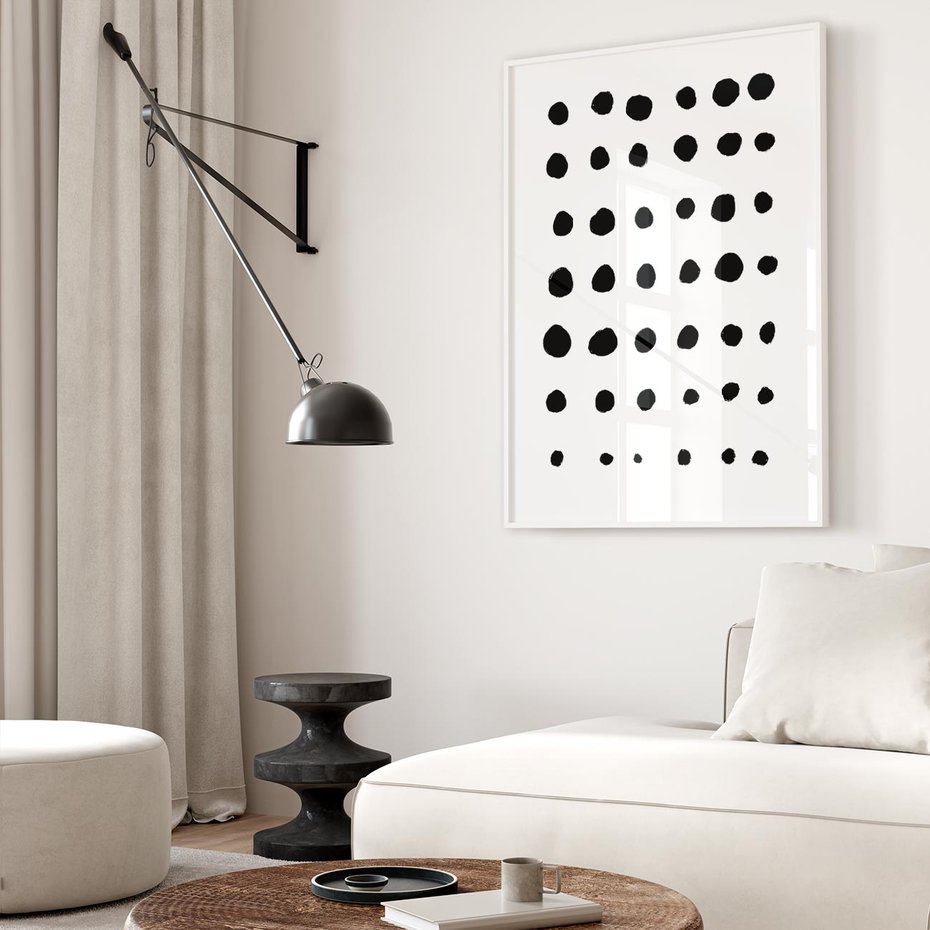 Plakat bez ramy 21x30 - Migocące Anomalie - abstrakcyjna kompozycja z czarnych kropek, minimalistyczny czarno bialy plakat