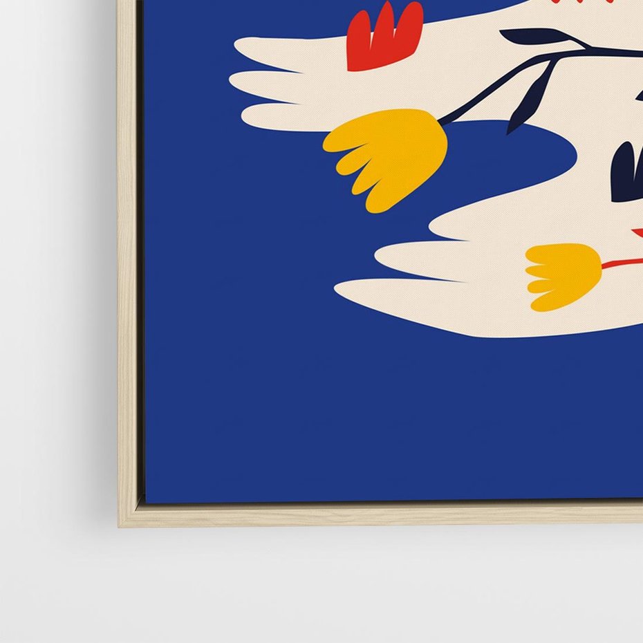 Obraz w ramie 50x50 - Bezczasowy Szept - niebieskie tło, abstrakcyjny biały ptak - rama drewno