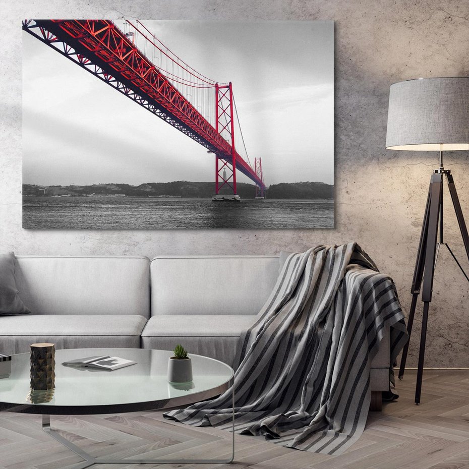 Obraz na płótnie 100x70 - Majestatyczny Most - czarno biała fotografia, czerwony stalowy most nad rzeką