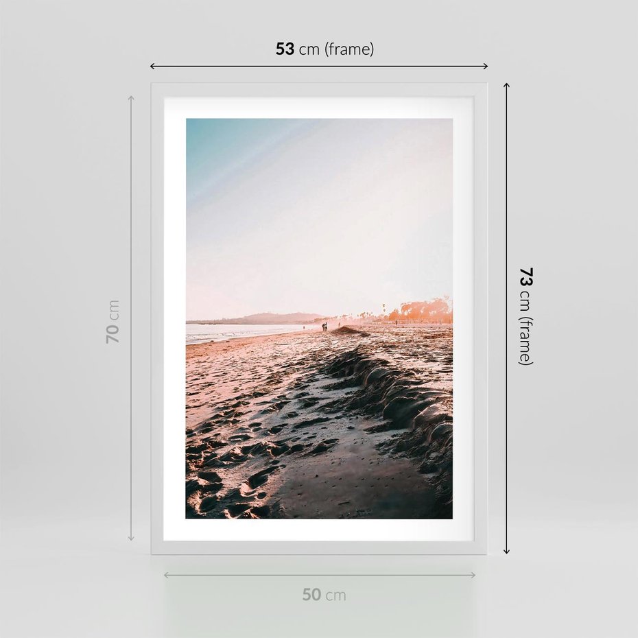 Plakat w ramie 50x70 - Błogie Chwile na Plaży - plaża, zachód słońca wakacje - rama biała