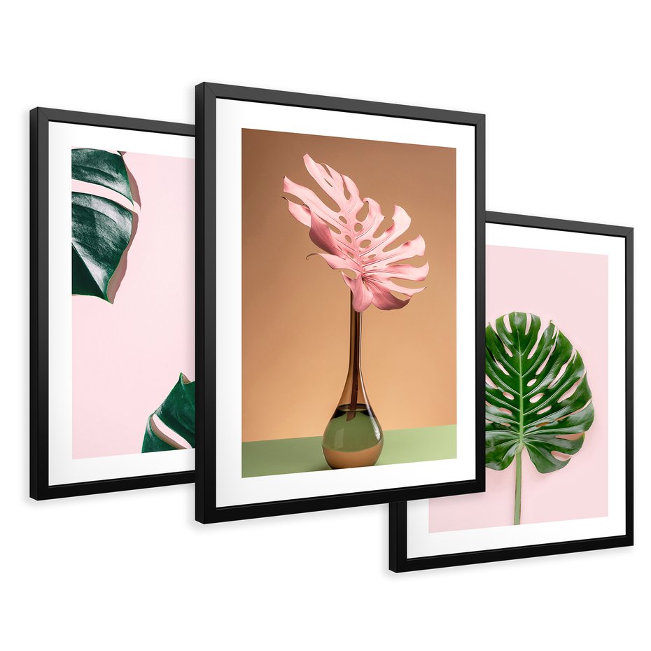 Zestaw obrazy w ramie 50x70 galeria - Monstera, liście, pastelowe, tło, tropikalne - rama czarna