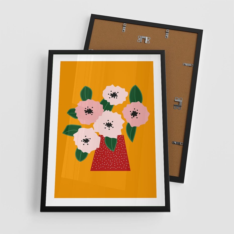 Plakat w ramie 50x70 - Harmonijne Granice - abstrakcyjne kwiaty, żółte tło - rama czarna