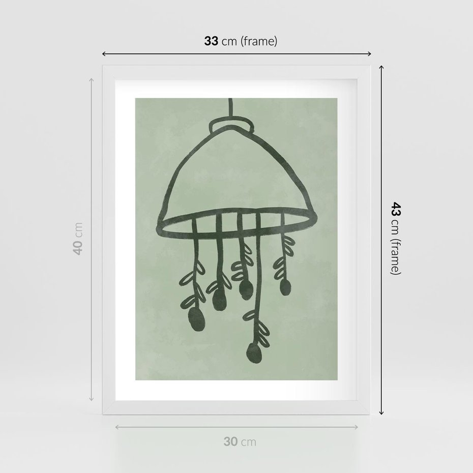 Plakat w ramie 30x40 - Zieleń Inspirującego Spokoju - plakat z abstrakcyjną zieloną lampą, skandynawski design - rama biała