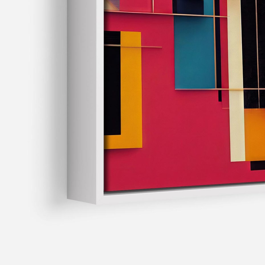 Obraz w ramie 80x80 - Przejście przez labirynt myśli - kolorowa abstrakcja, instalacja z prostokątów i lini - rama biała