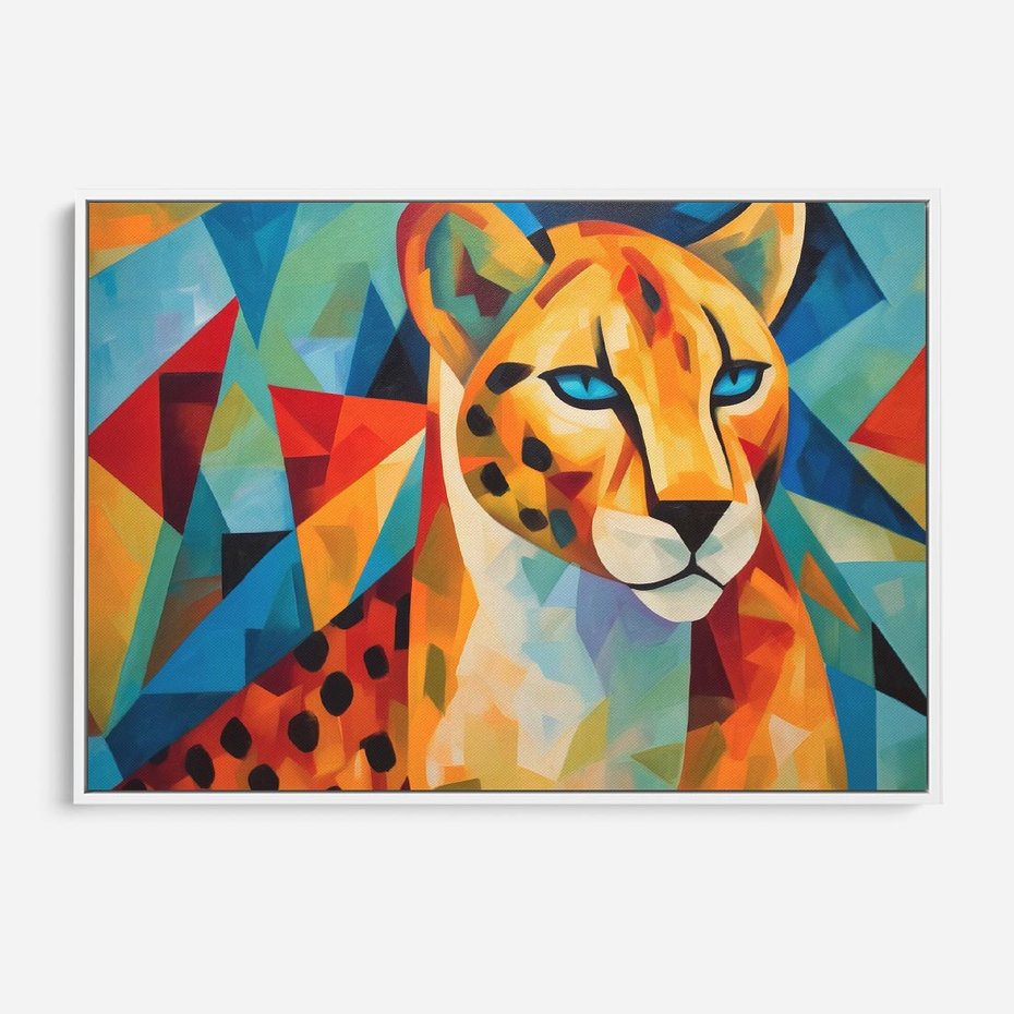Obraz w ramie 120x80 - Dzikie Piękno - abstrakcyjny portret geparda, intensywne kolory - rama biała