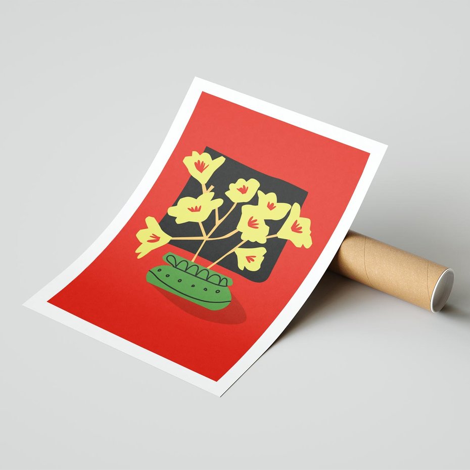 Plakat bez ramy 21x30 - Abstrakcyjne Przenikanie - abstrakcyjne kwiaty, czerwone tło