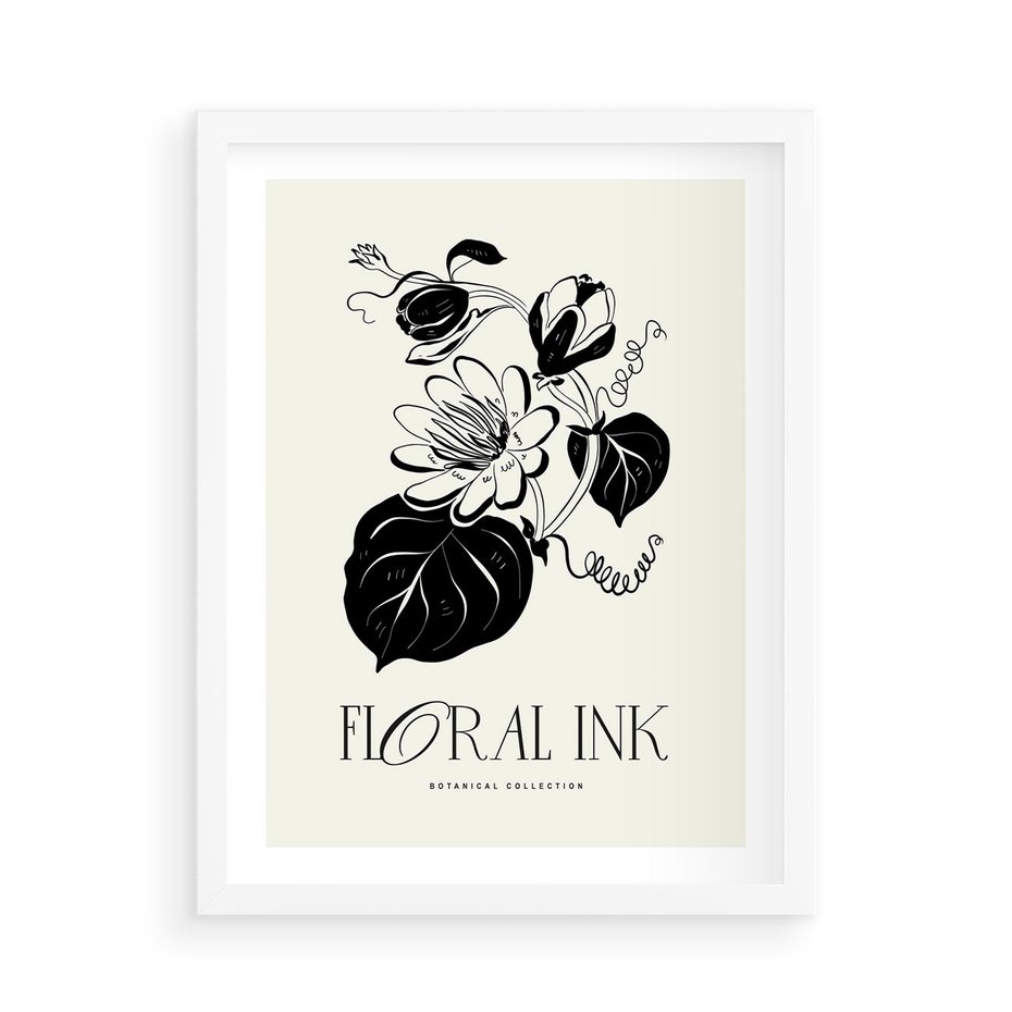 Plakat w ramie 50x70 - Odbicie kwiatowych chwil - kwiaty, typografia - rama biała