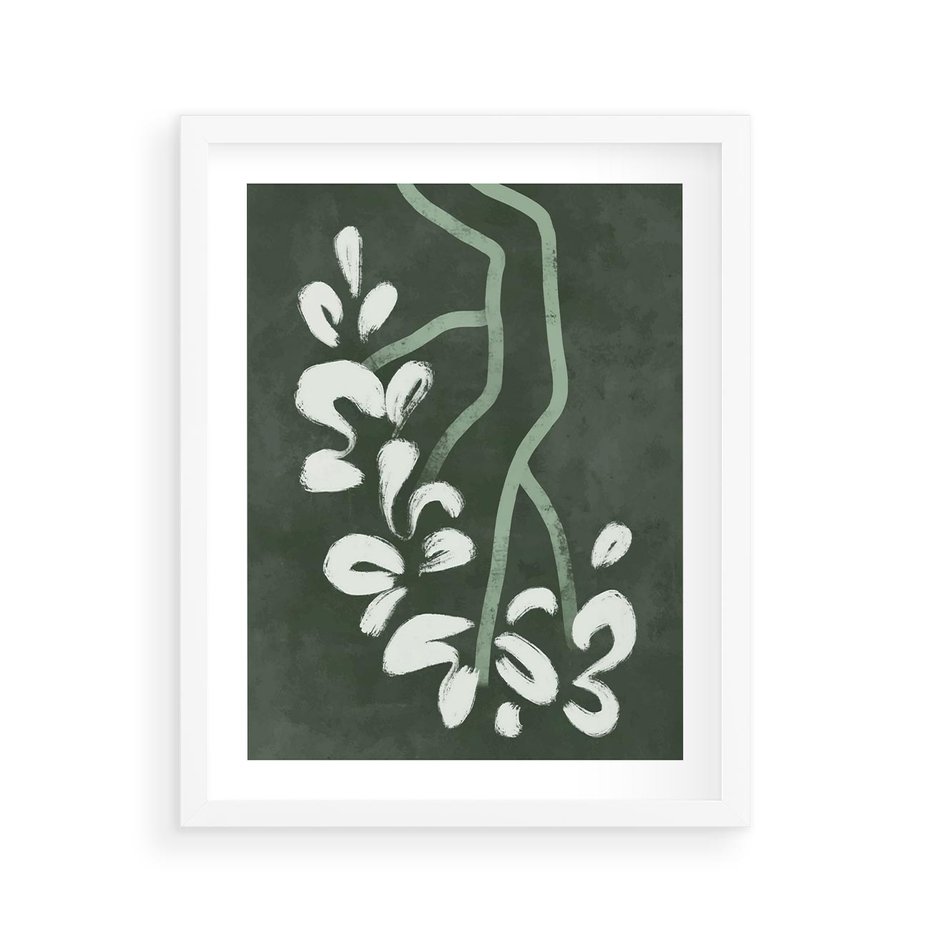 Plakat w ramie 40x50 - Rozkwitające Zielone Gałęzie - abstrakcyjne delikatne zielone linie, podobne do gałęzi kwiatów - rama biała