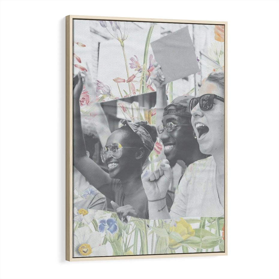 Obraz w ramie 70x100 - Księga zaklętych marzeń - kolaż, czarnobiałe zdjęcie wesołych młodych ludzi - rama drewno