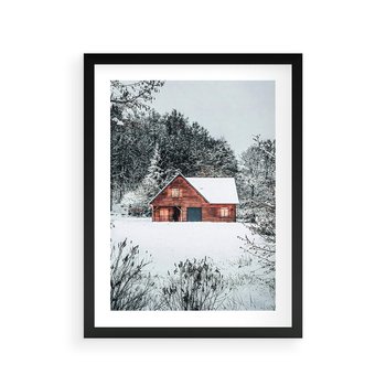 Plakat w ramie 40x50 - Domek w Górach Pokryty Śniegiem - domek w górach, śnieg - rama czarna