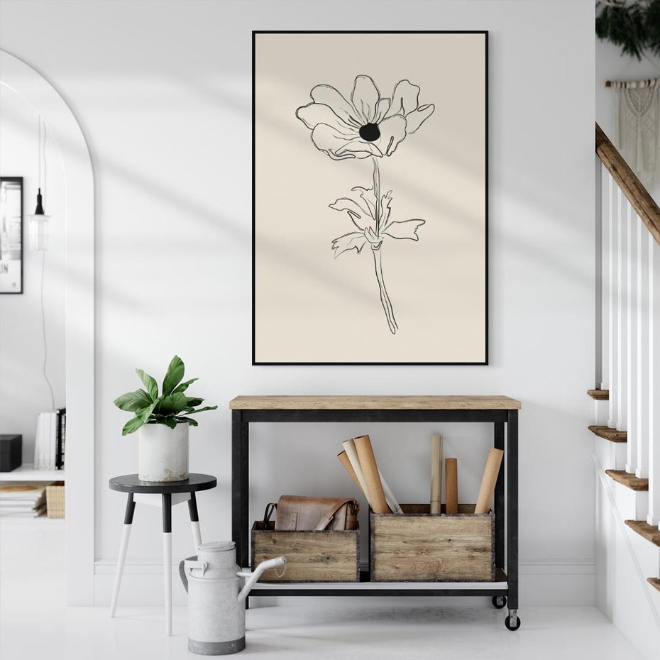 Obraz w ramie 50x70 - Przenikający Dialog - szkic kwiatu, mnimalistyczny szkic - rama czarna