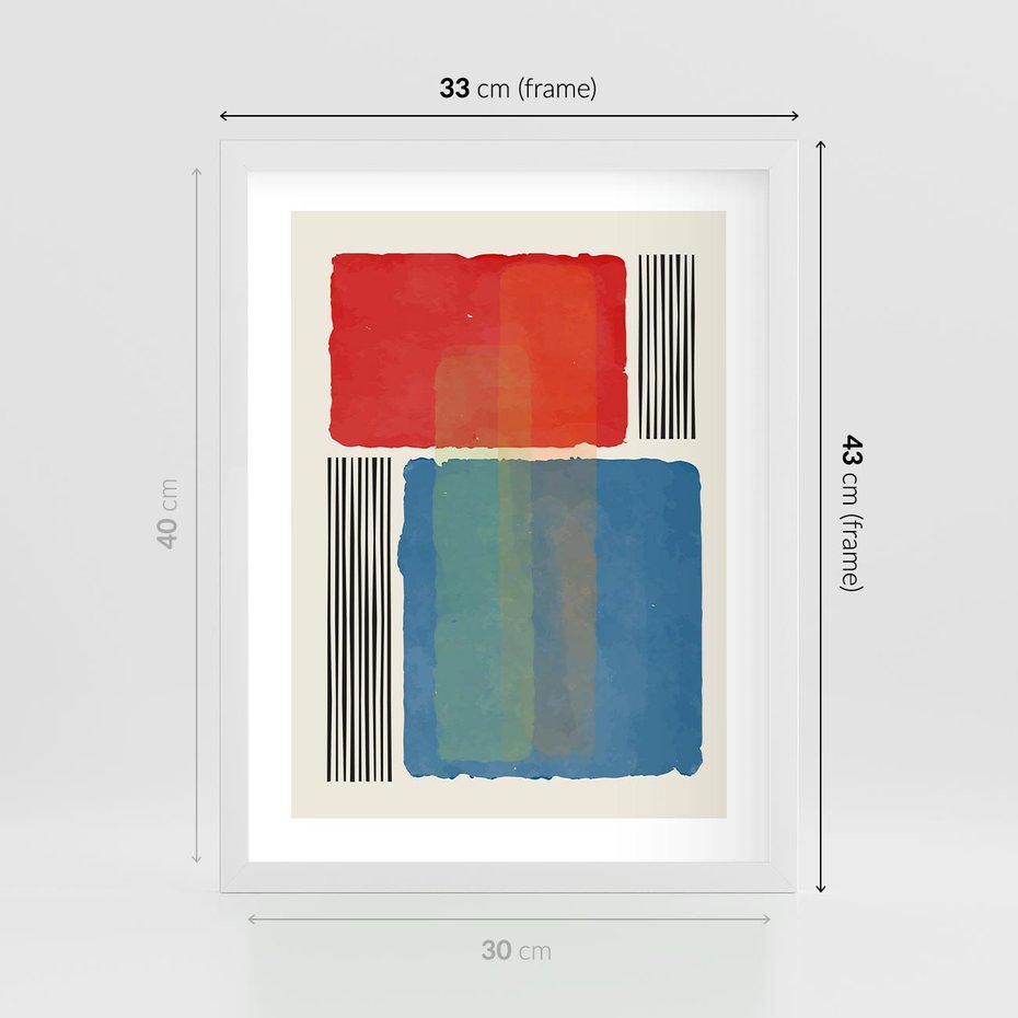 Plakat w ramie 30x40 - Kolorowe Spektrum - kolorowa geometria, prostokąty w intensywnych kształtach i czarne kreski - rama biała