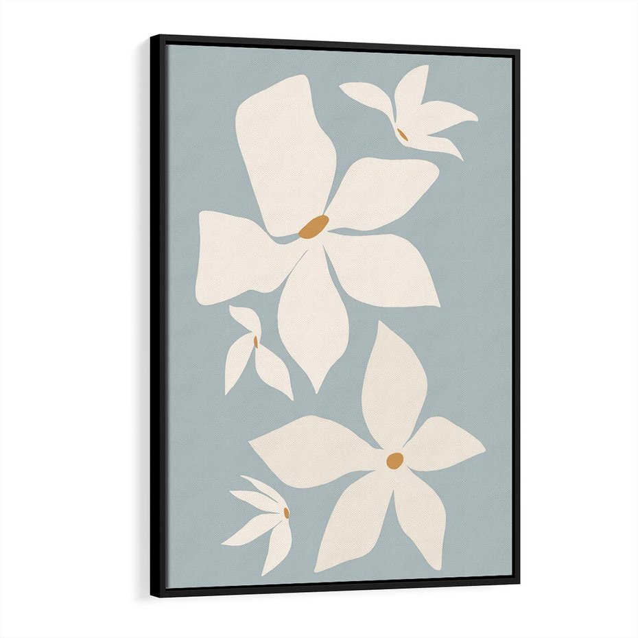 Obraz w ramie 70x100 - Błękit Kwiatów - kwiaty, nowoczesne i minimalistyczne - rama czarna