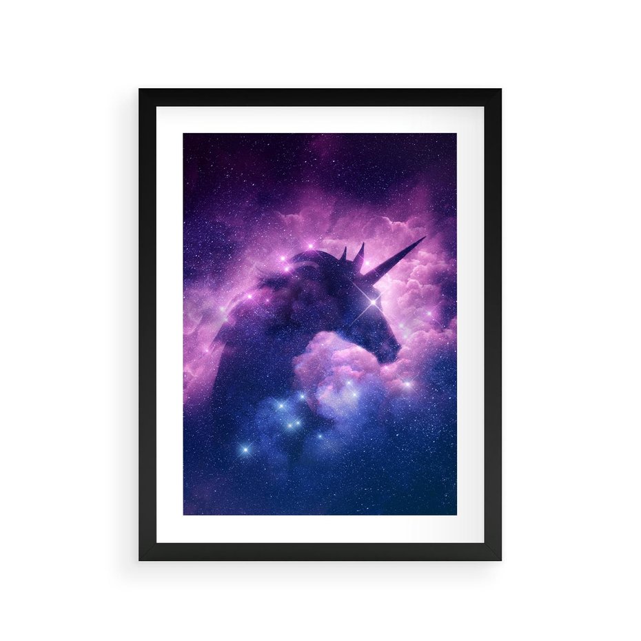 Plakat w ramie 30x40 - Mityczna podróż - kosmos, jednorożec - rama czarna