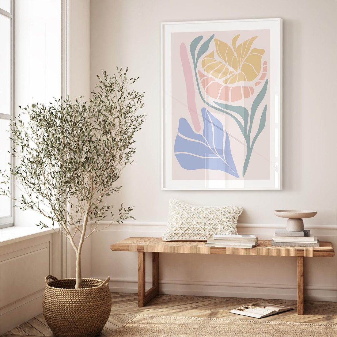 Plakat w ramie 30x40 - Wyjątkowe Ukojenie - pastelowe kwiaty, na beżowym tle - rama biała