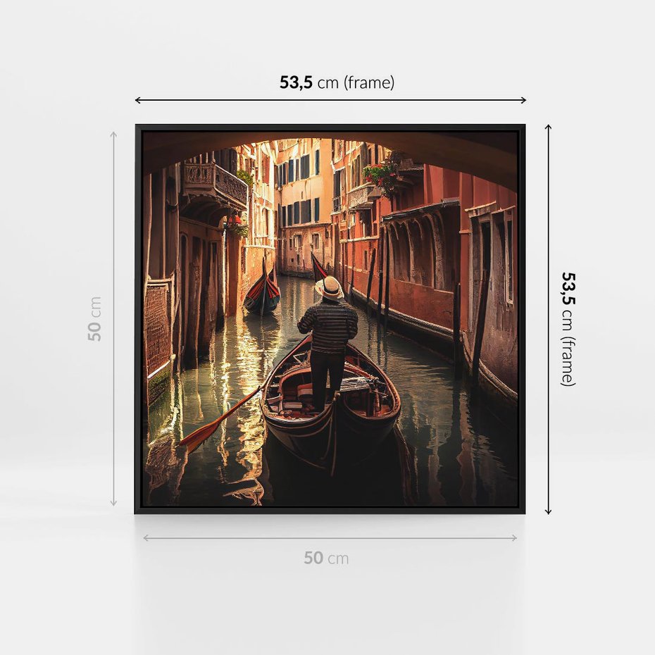 Obraz w ramie 50x50 - Spokojna Wenecja - gondolier w gondoli, kanały Wenecji - rama czarna