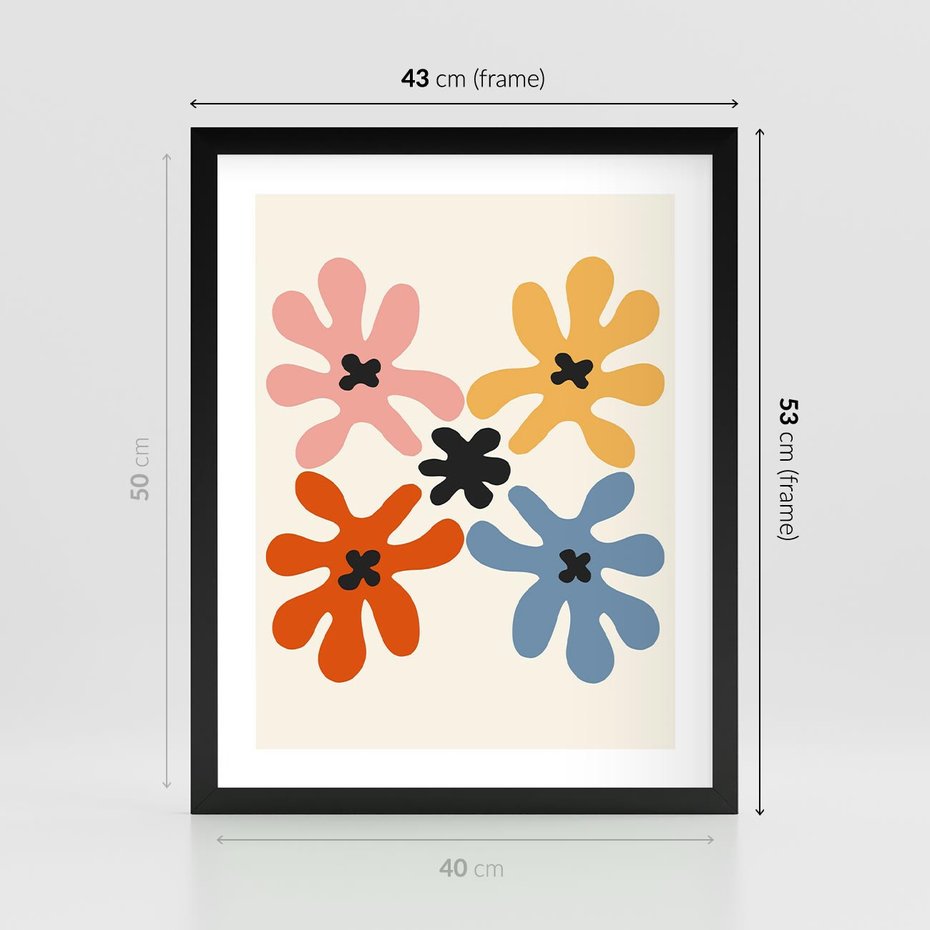 Plakat w ramie 40x50 - Taniec Akwareli - abstrakcyjne wielokolorowe kwiaty, minimalizm - rama czarna