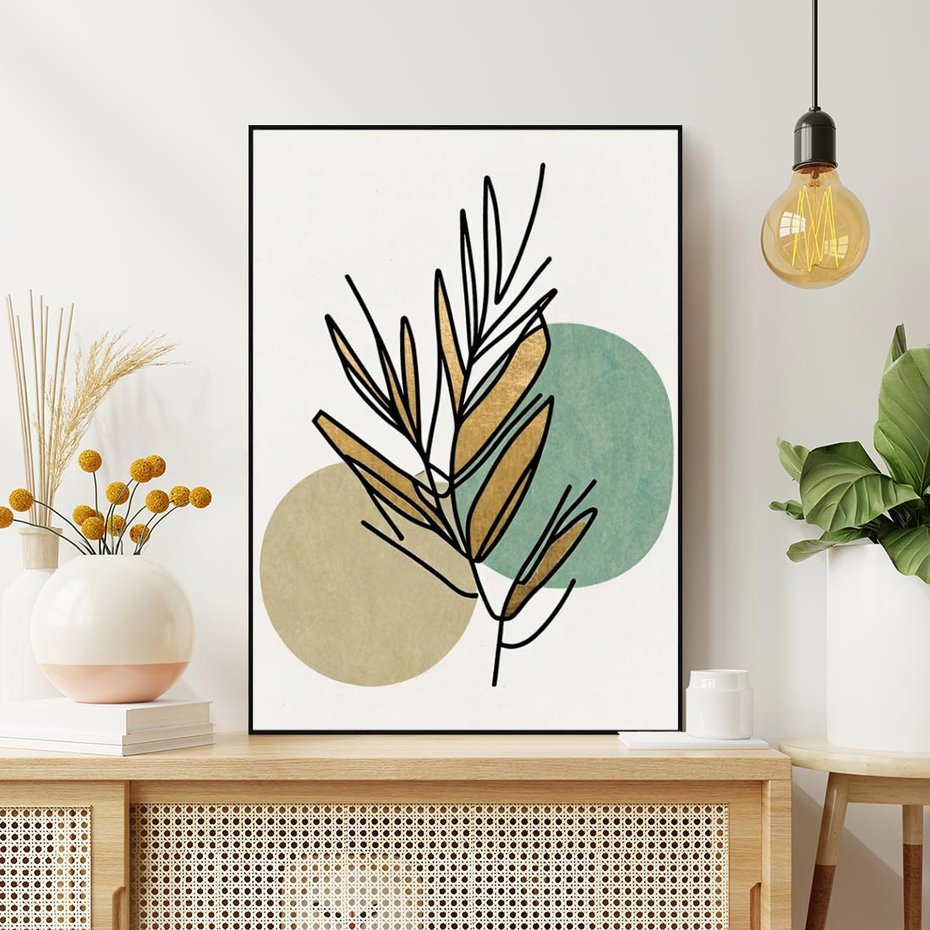 Obraz w ramie 50x70 - Migocące Ścieżki Wizji - abstrakcyjny obraz boho, liście - rama czarna