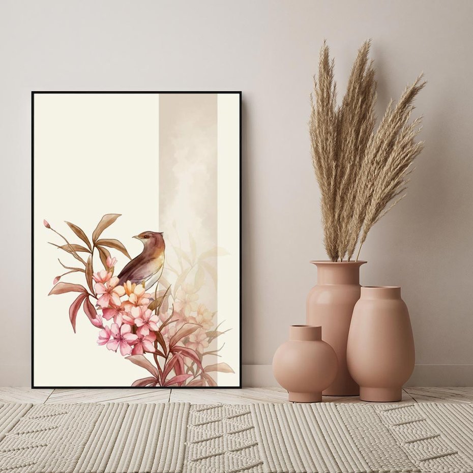 Obraz w ramie 70x100 - Kwiatowe Zanurzenie - japońska sztuka, ptak - rama czarna