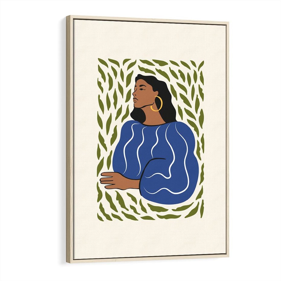 Obraz w ramie 70x100 - Rozbite Barwy - nowoczesny plakat, kobieta otoczona liśćmi - rama drewno