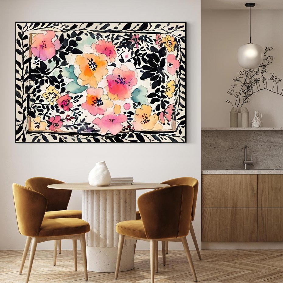 Obraz w ramie 100x70 - Opowieść w kroplach farb - akwarelowe kwiaty, mocna ornamentowa czarna ramka namalowana dookoła obrazu - rama czarna