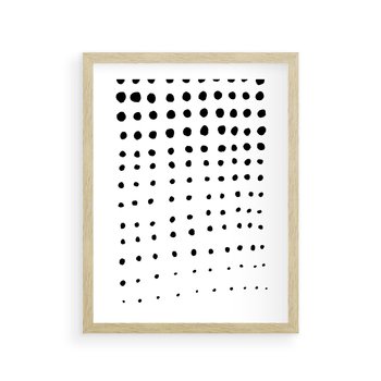 Plakat w ramie 40x50 - Abstrakcyjna Transformacja - abstrakcyjna kompozycja z czarnych kropek, minimalistyczny czarno bialy plakat - rama drewno